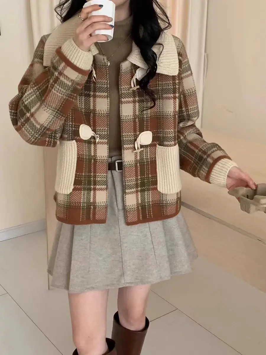 Hood Detachable Collar Plaid Woolen Jacket Women Autumn and Winter New High-Grade Short Double-sided Plush Cardigan Top Thick