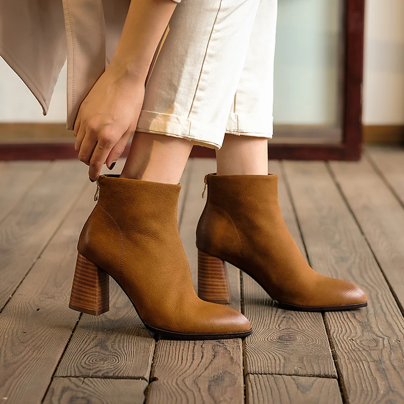 Женские ботильоны из коровьей кожи на толстом высоком каблуке молнии сзади