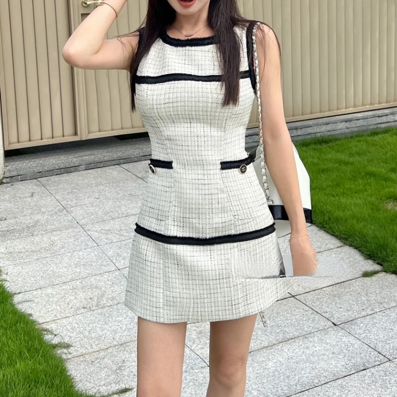 

Tweed Vest Summer Dress Women Korea Small Fragrant New Elegant Chic Plaid O NeckOffice Mini Female Short Sleeve Dresses 1303