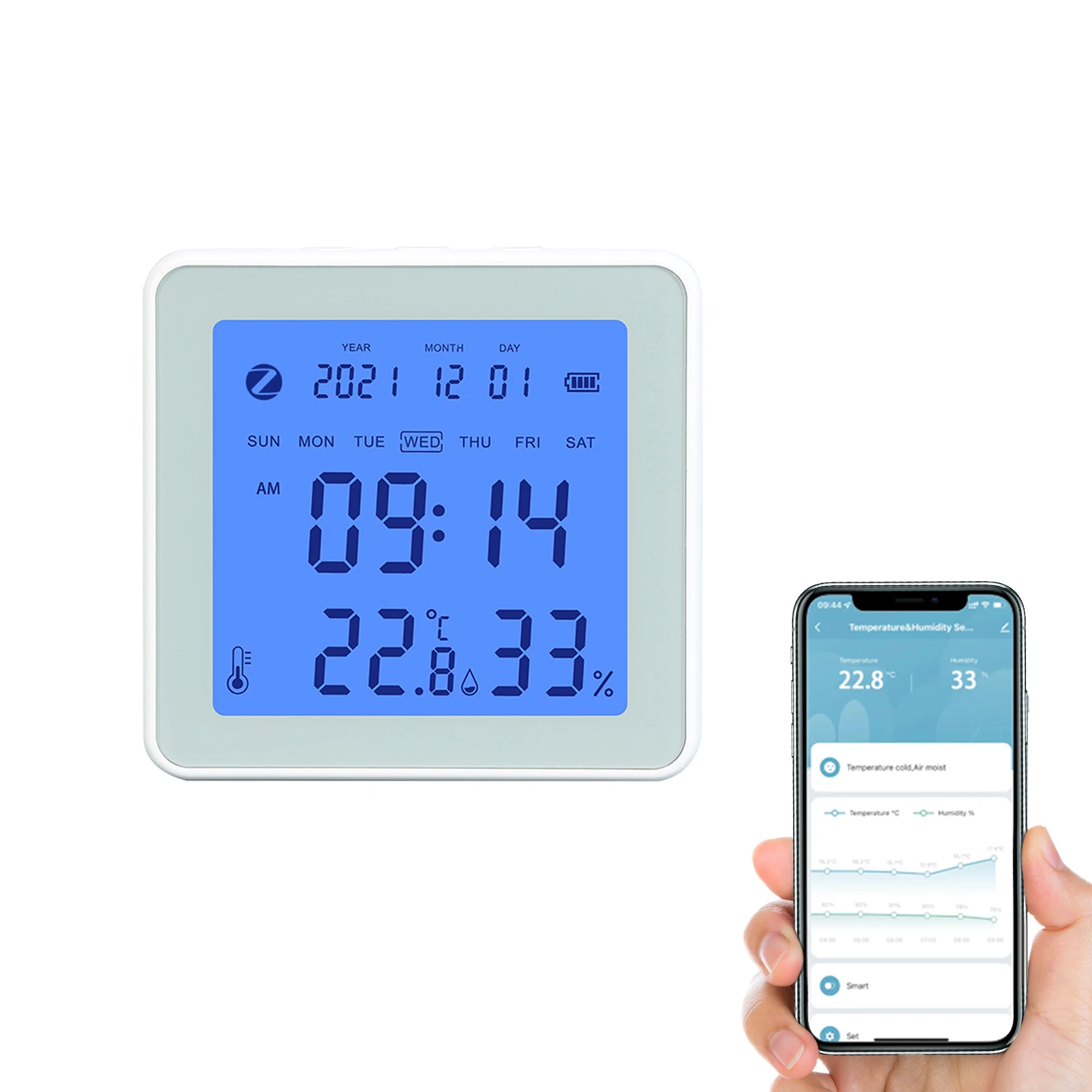 

ZigBee Smart Home Temperature And Humidity Sensor With LCD Backlight Date Week Clock With Monitor APP Control Voice