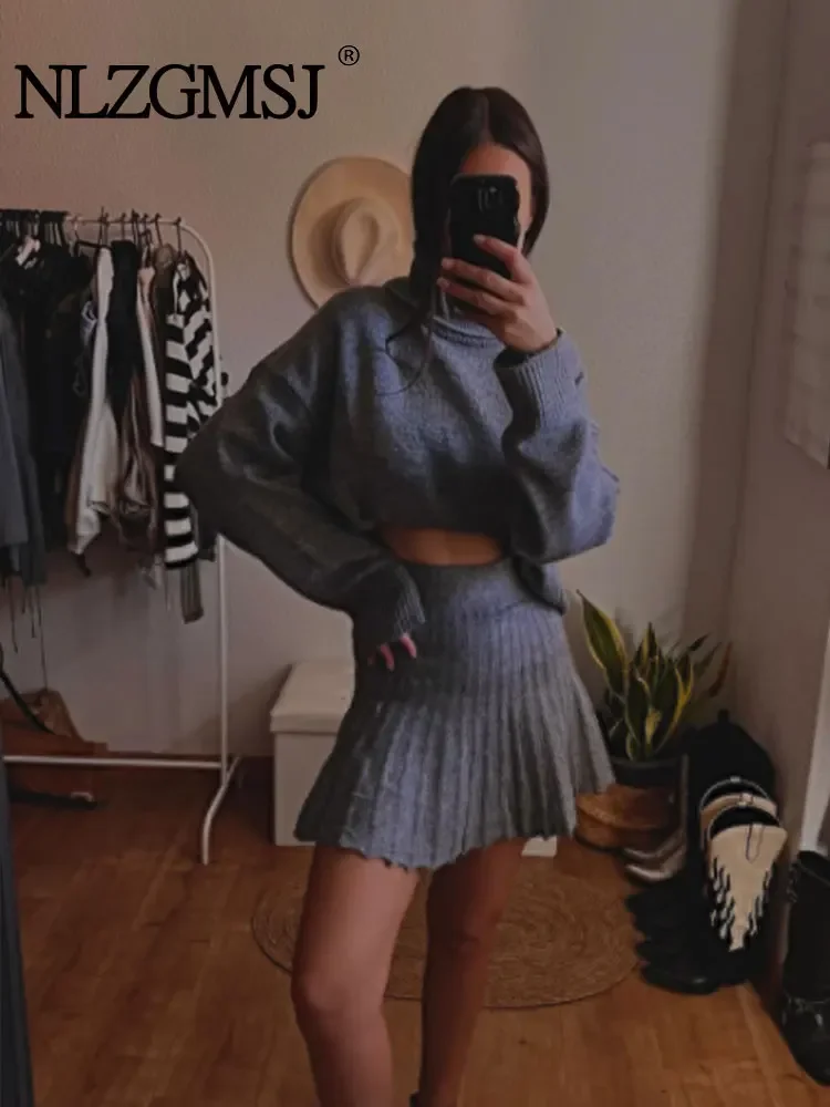 

Nlzgmsj TRAF 2024 Woman 2 Pieces Sets High-Neck Knitted Sweater Tops + Pleated Mini Skirts Autumn Winter Loose Sets