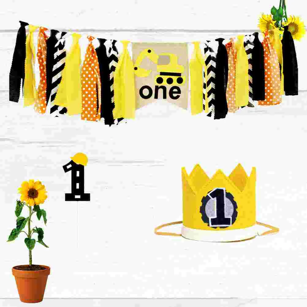 

3PCS/Set Engineering Van Themed Pull Flag First Birthday Party Banners ONE Printing Hanging Garland Decorative Cake Toppers
