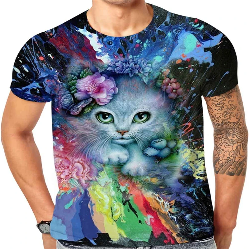 

Футболка мужская оверсайз с цветным рисунком кота и 3D принтом, модный топ с коротким рукавом с милыми животными для мальчиков и девочек, одежда на лето