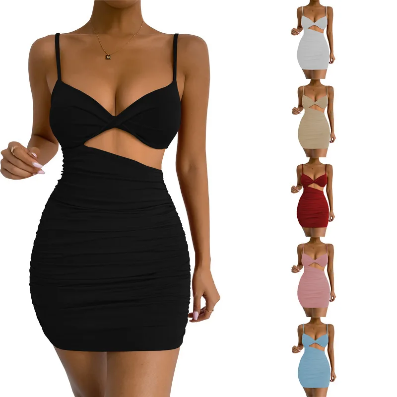 

Women Slip Dress Summer Fashion Lady Strapless Hollow Out Backless Pleated Wrap Short Bodycon Dress Sexy Clubwear
