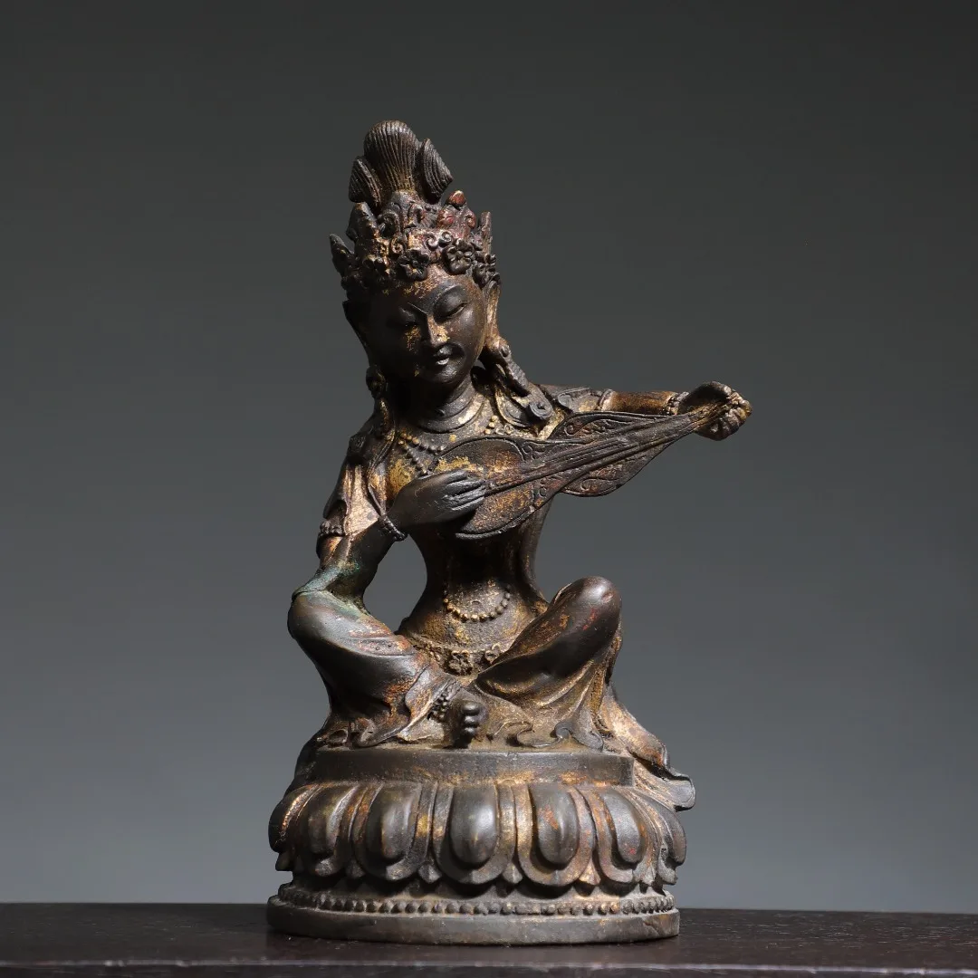 

9"Tibetan Temple Collection Old Bronze Cinnabar Mud gold Hinduism Sarasvati Buddha Brahman's Wife Worship Hall