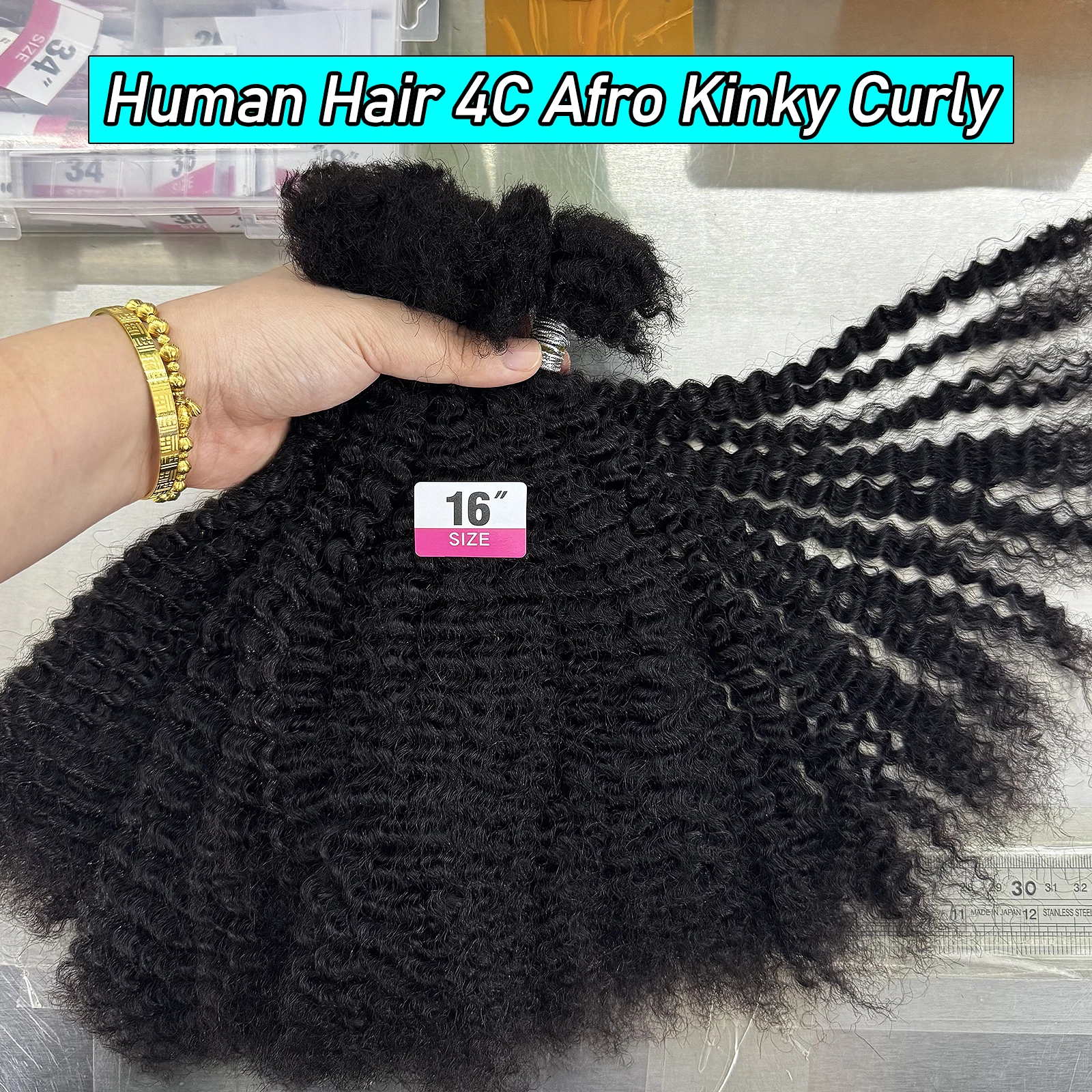 Фото Натуральные человеческие волосы Afro Kinkys для плетения косичек, наращивания локонов, крючкового плетения, афро-кудрявые волосы для дредов. №4