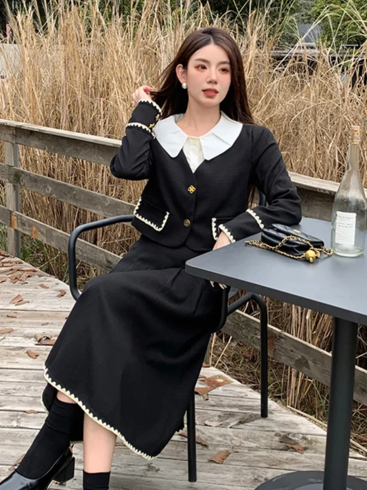 Женский винтажный костюм из 2 предметов элегантный черный пиджак и