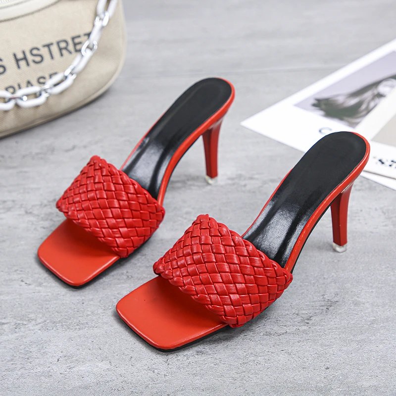 

Summer New Braiding Slippers Square Toe High Quality Woven PU Leather High Heels Gladiator Sandals Womens Plus Size 45