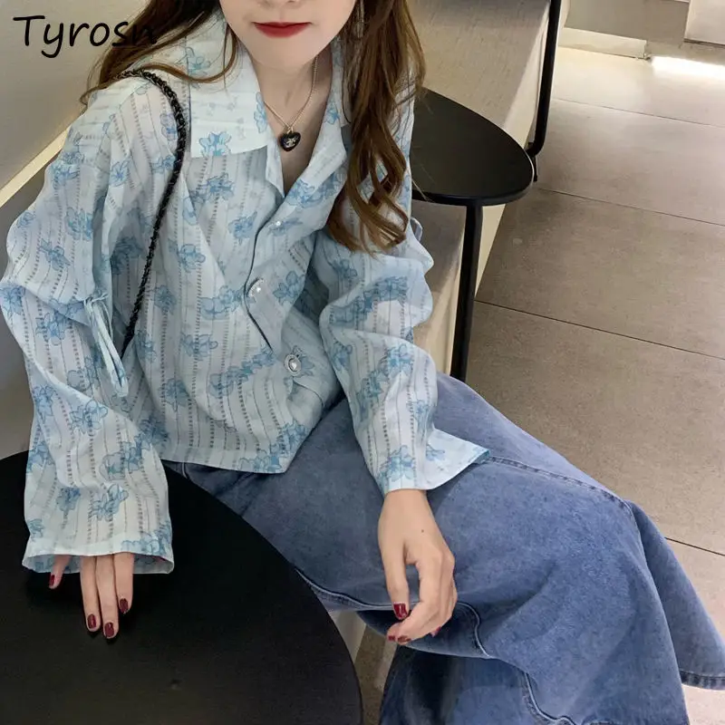 

Shirts Women All-match Print Retro Breathable Elegant Summer Sun-proof Casual Daily Streetwear Bandage BF Mujer Stylish Design