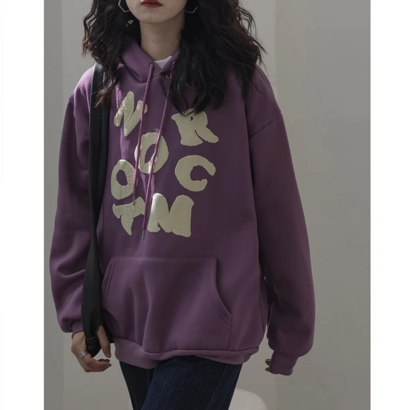 

Женская одежда, фиолетовый свитшот с надписью, плюшевый Модный американский винтажный уличный пуловер для ленивых, зимний женский пуловер ...