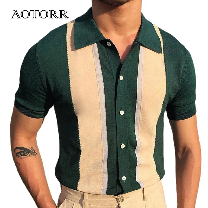 

Striped Casual Shirts Men Summer Short Sleeve Beachwear Button Mens Blouse Sportswear Men's Polo Shirts Turn-Down Collar New 3XL