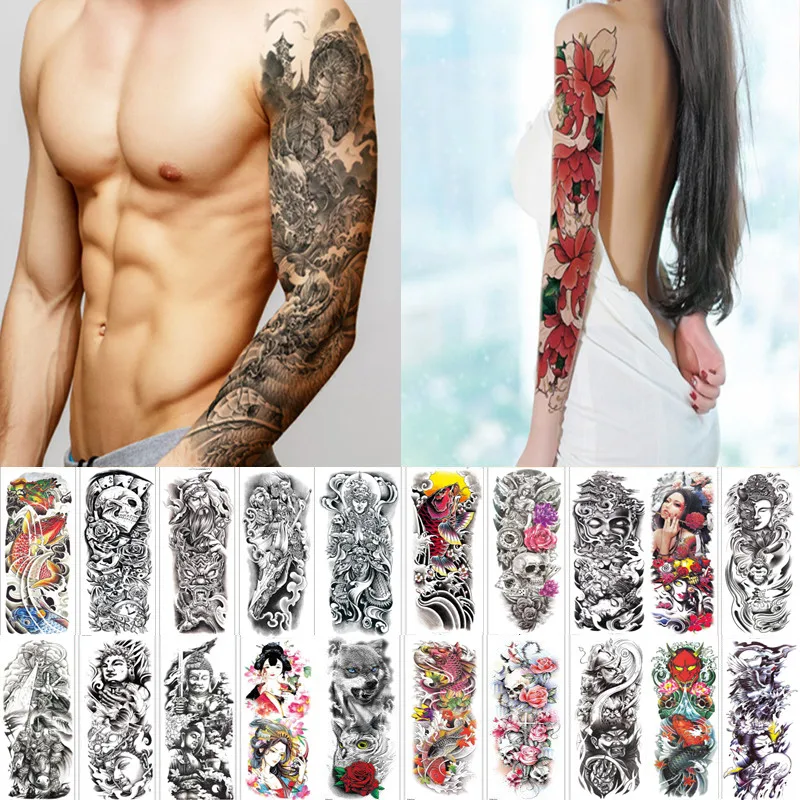 

Большая татуировка на всю руку, временная Водонепроницаемая рукав, волк, Череп, защита боди-арта, стойкая полностью искусственная татуировк...