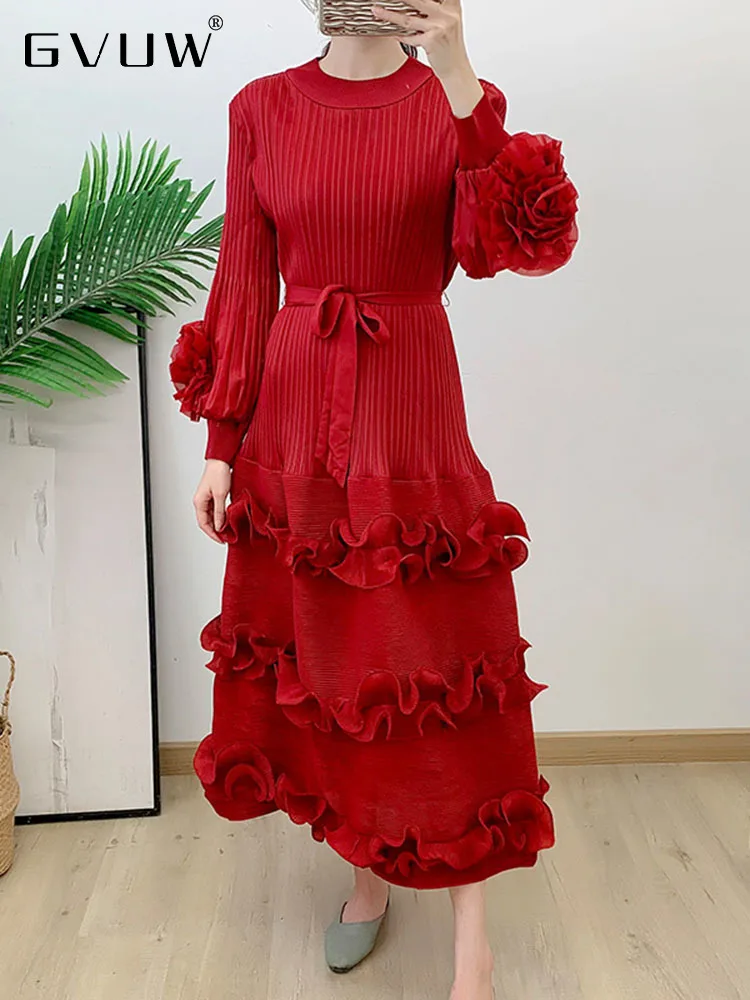 GVUW Pleated Dress For Women Fungus O-neck Lace-up Lantern Sleeve Loose Solid Color 2023 Summer New Female Chic Clothes 17J1631