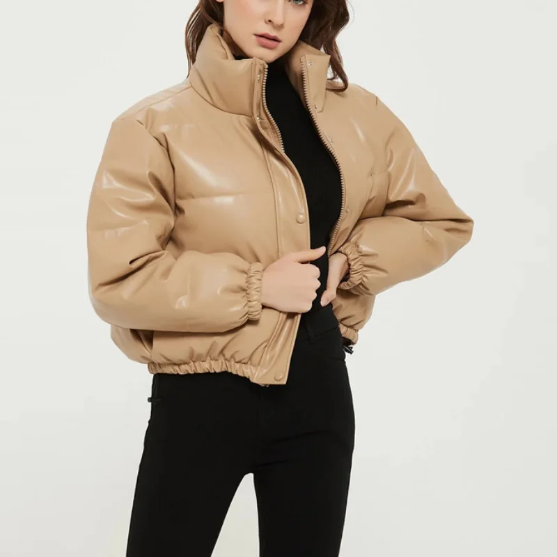 

Парка женская зимняя на молнии с воротником-стойкой, из ПУ кожи