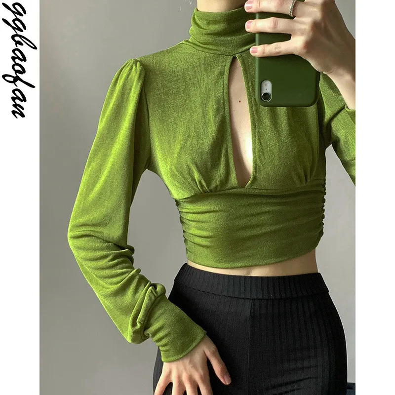 

Ggbaofan Elegant Y2K Sexy Club Turtleneck Hollow Out Patchwork Solid Bodycone Women Long Sleeve Green Streetwear T-Shirt Outfit