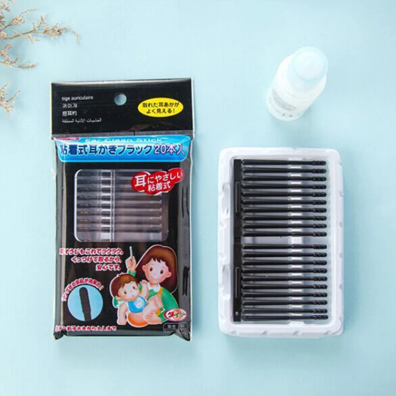 

20Pcs/Pack Child Safety Ear Stick Disposable Sticky Ear Swabs Pick Spiral Tips Wax Tool Kit Nasal Cleaner Stick Portable Black