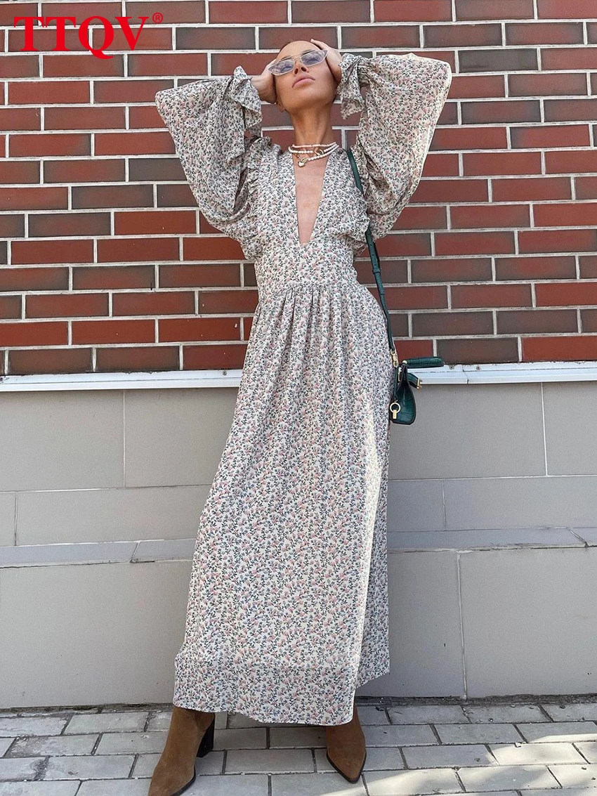 

TTQV Casual Floral Print Women's Dresses 2023 Fashion Loose V-neck Long Sleeve Dresses Elegant High Waisted Ankle-length Dress