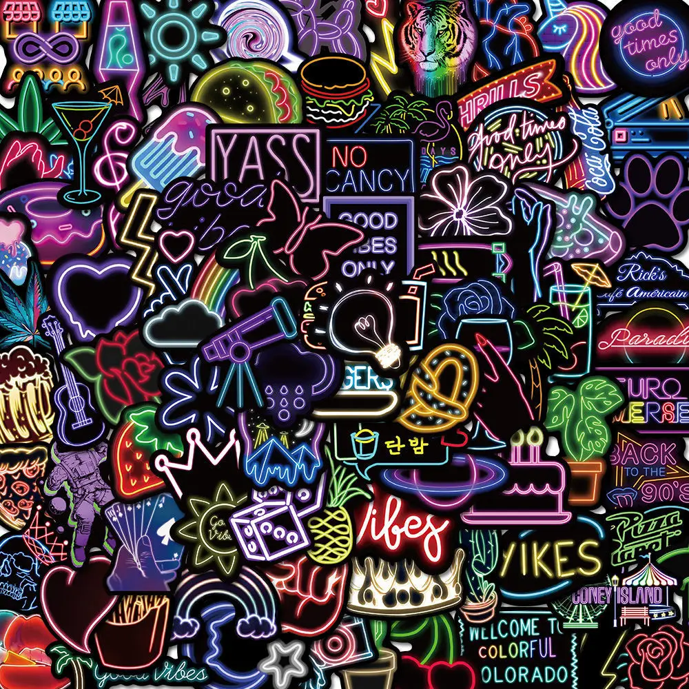 

100Pcs Ins Style Harajuku Neon Style Cool Stickers Personalized Creative Laptop Skateboard Guitar Diy Waterproof Stickers Toy