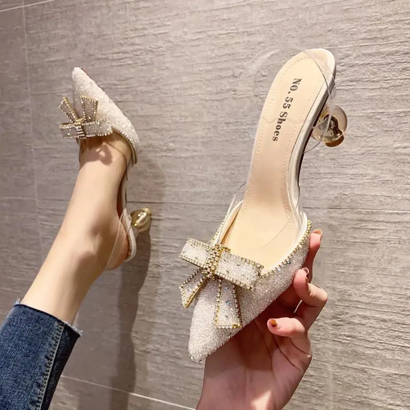 

Women's Fashion Sexy Pointy Bow Rhinestone High Heel Slippers
