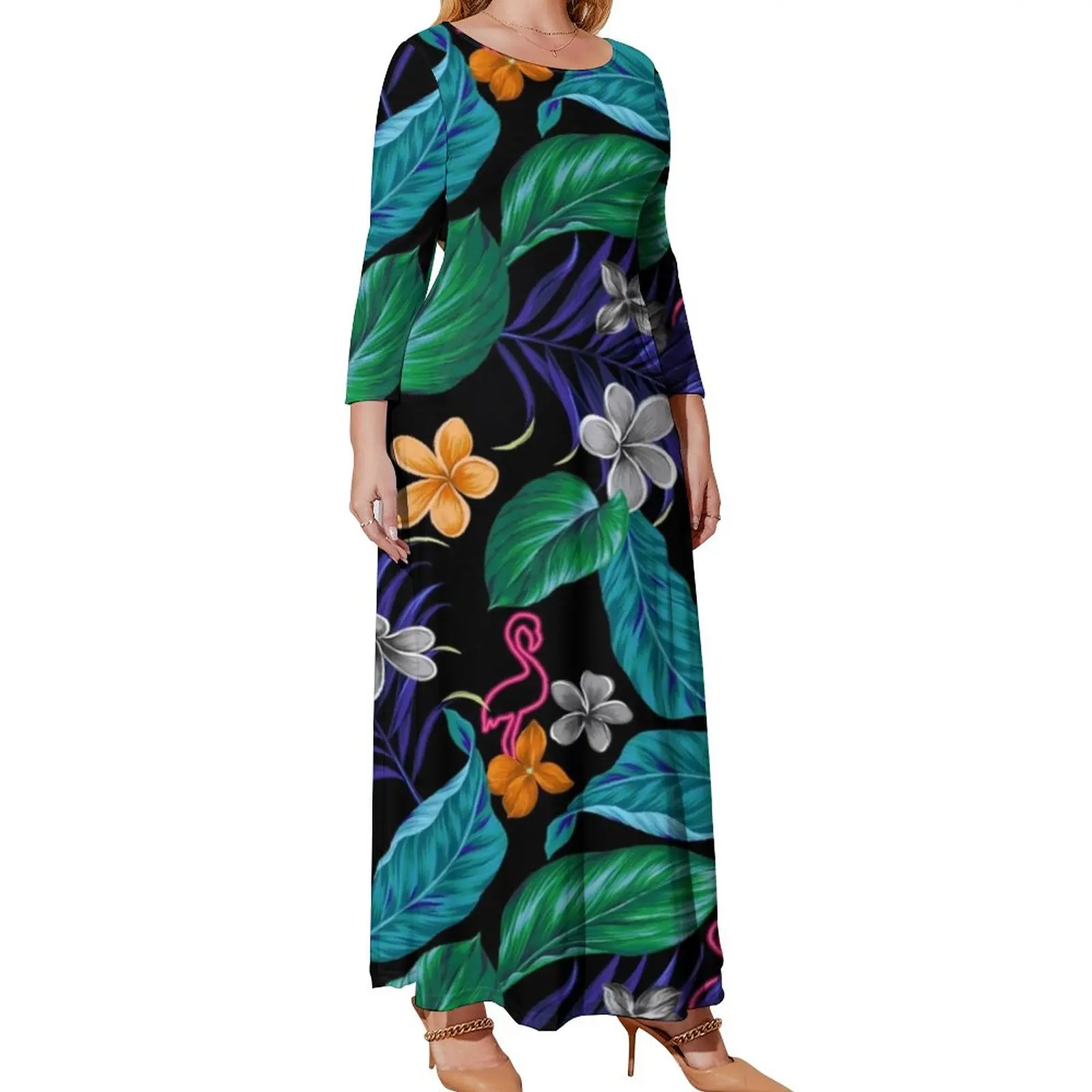 Tropical Floral Dress Long Sleeve Colorful Leaves Print Sexy Maxi Dress Aesthetic Graphic Beach Long Dresses Plus Size 4XL 5XL