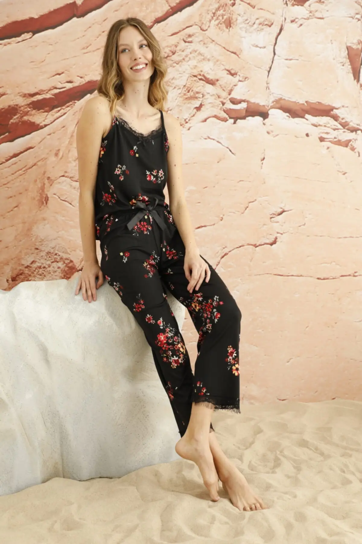 

Women's Pajamas Cyan Floral pattern Lace pealess Long Set With Rope Straps Sleep Lounge Nightwear Sleepwear