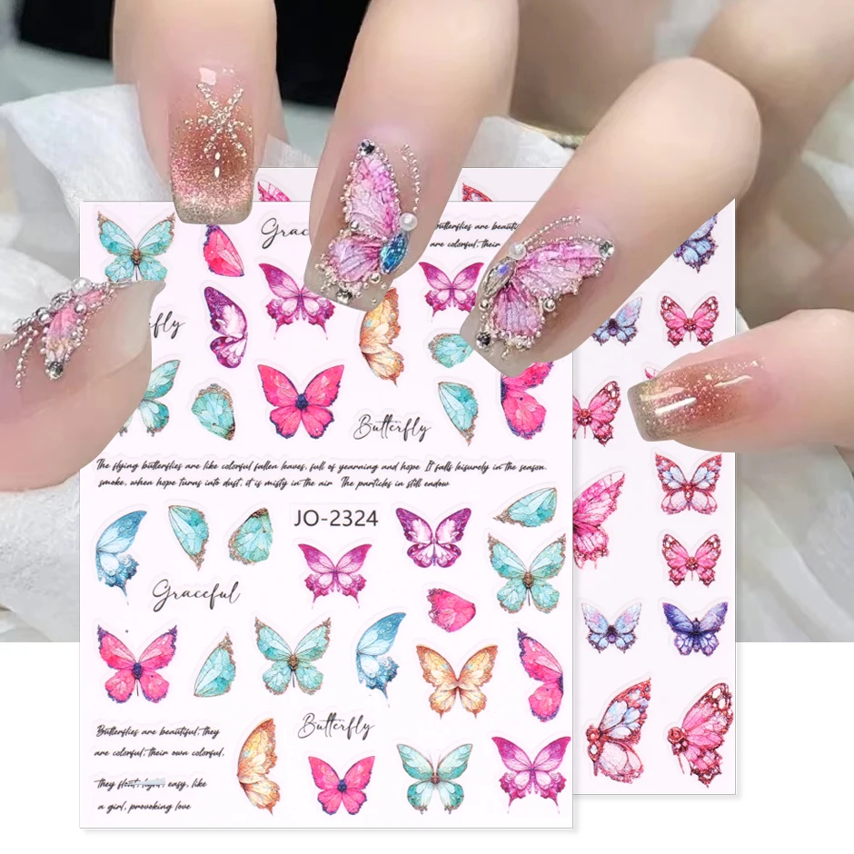 

1PCS Retro 3D Color Butterfly Nail Sticker Nail Slider Laser Flower Ribbon Green Leaf Adhesive Stickers Nail Art Decoration