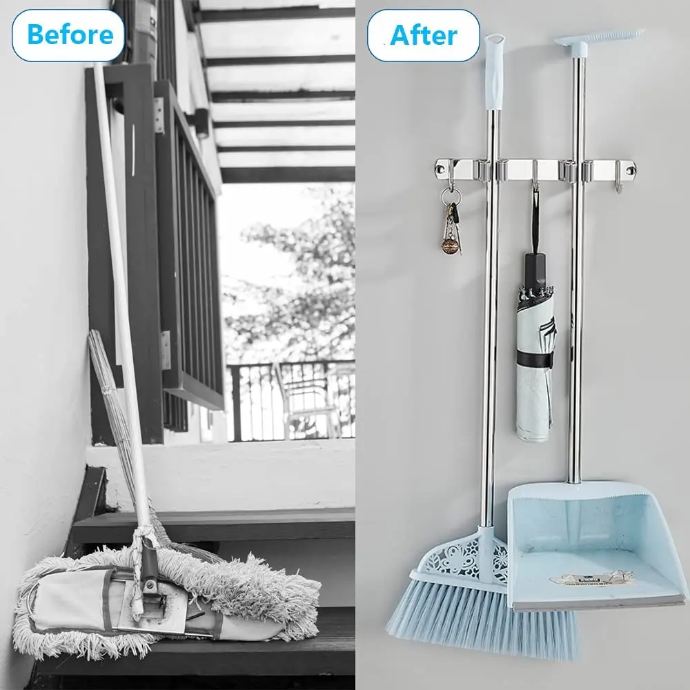 

Mop Holder Wall Mount Broom Rack Heavy Duty Mop Holder for Laundry Room Garage Garden( 2 Racks 3 Hooks ) hand sanitzer holder