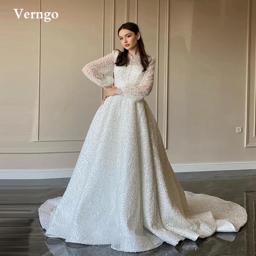 

Verngo Glitter A Line Puff Long Sleeves Wedding Dresses Modest High Neck Buttons Front Sweep Train Dubai Women Bridal Gowns