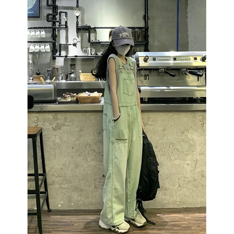 

2023 Womens Vintage Green Suspender Jeans Fashion Pocket Straight Wide Leg Pants Casual Baggy Mopping Denim Trouser Ladies Summe