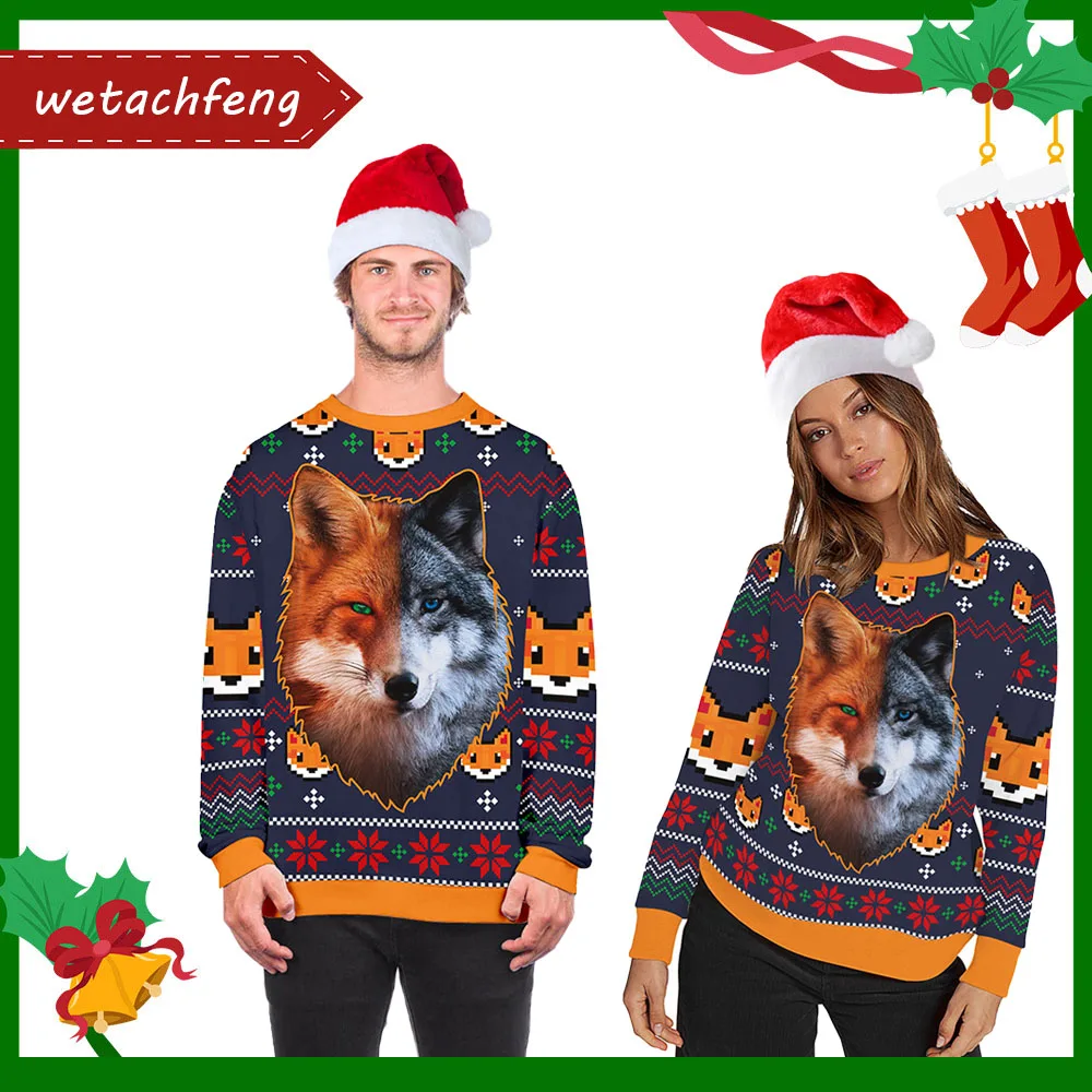

Men Women Couples Christmas Pullover Wolf Fox Animal Cartoon Christmas Ugly Sweater Funny Xmas Jumpers Autumn Holiday Party Tops