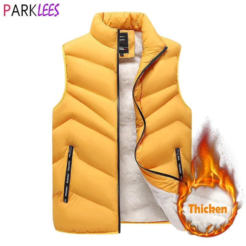 

PARKLEES Yellow Thicken Fleece Linend Quilted Vest for Men 2022 Winter Brand New Casual Sleeveless Padded Waistcoat Outwear 8XL