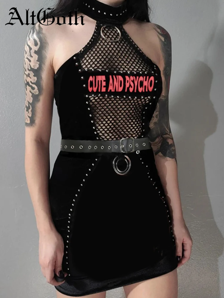 

AltGoth Punk Gothic Sexy Dress Women Streetwear Letter Print Mesh Hollow Out Slim Halter Dress Aesthetic Y2k Soft Grunge Outfit