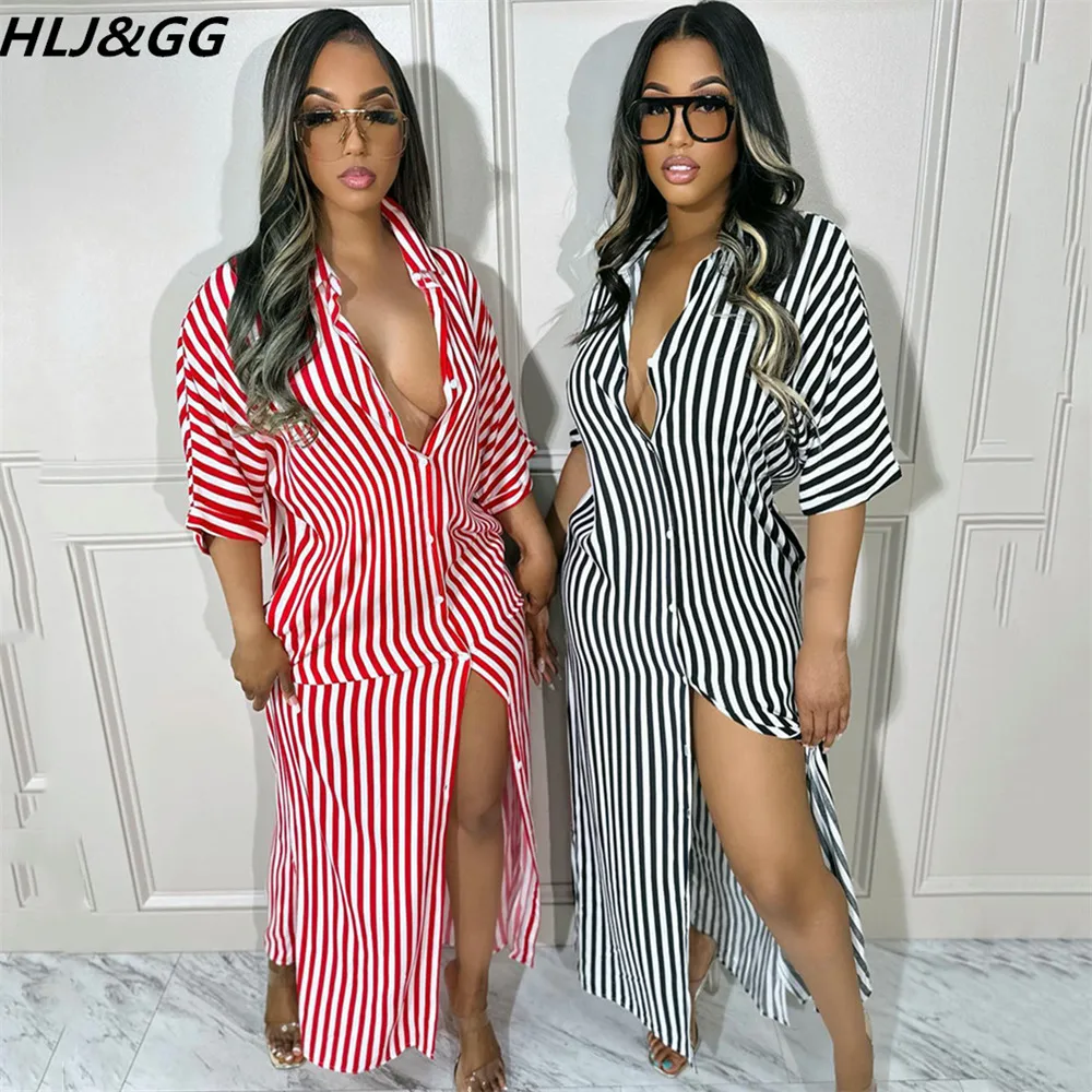 

HLJ&GG Summer New Stripe Print Straight Shirt Dresses Women Turndown Collar Button Short Sleeveshor Loose Robe Vestidos Clothing