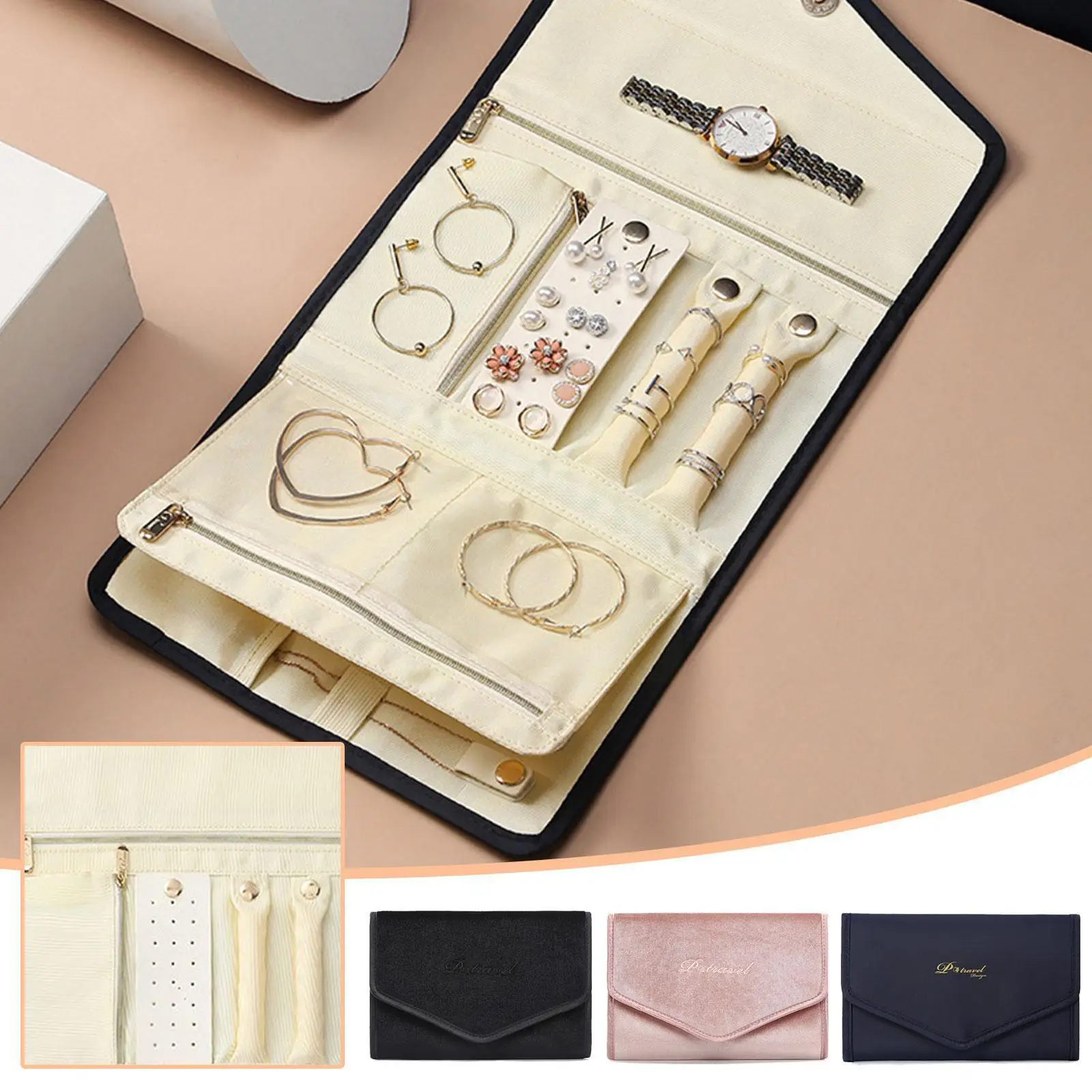 

Portable Travel Jewelry Organizer Roll Zippered Foldable Carrying Earring Bag Necklace Storage Case Ring Studs Holder Jewel V8F4