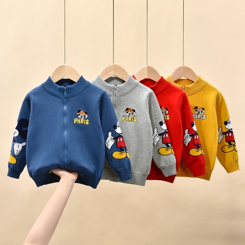 

Baby Boy Sweater Spring Autumn Thick Knitted Cotton Top Cartoon Mickey Mouse Print Children Clothes Kid Wear Jacket Zipper Coat