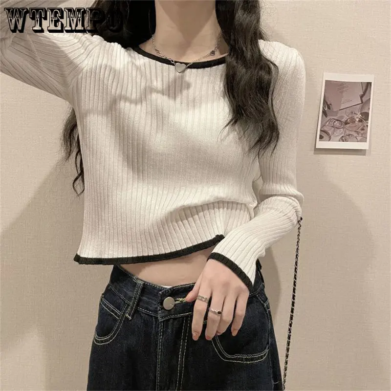 

Модная женская футболка WTEMPO с длинным рукавом, однотонный пуловер с вязаной подкладкой, облегающий осенне-зимний свитер, оптовая продажа