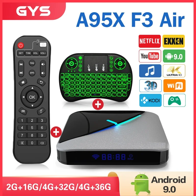 

A95X F3 Air RGB Light TV Box Android 9.0 Amlogic S905X3 Smart TV BOX 4GB 64GB 32GB TVBox Dual Wifi 4K 60fps 2G 16GB Media Player