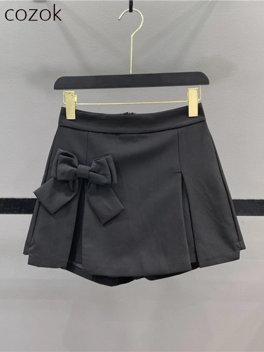 

Fashion Bowknot Split Pantskirt Women's 2023 Summer New Korean Style High Waist Slimming A- Line Suit Skirt Preppy Style Skirts
