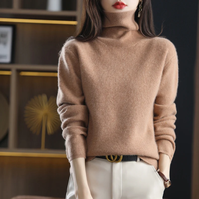 

Woman's Sweaters Autumn Winter Turtleneck Long Sleeve Female Pullover Bottoming Shirt 100% Wool Knitted Tops Jumper Soft Jum