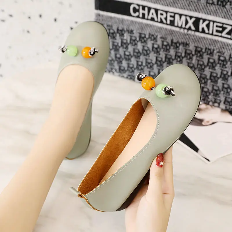 Feerldi Moccasins Woman Round Toe Shallow Flats Plus Size 41 Mom Slip On Ballerina Shoes Ladies Candy Color Bead Deco Loafers