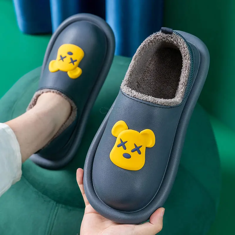 Leather Slippers for Women Cute Bear Water Proof Women Slippers Home Warm Indoor Winter Slippers Female Plush House Shoes Lovely