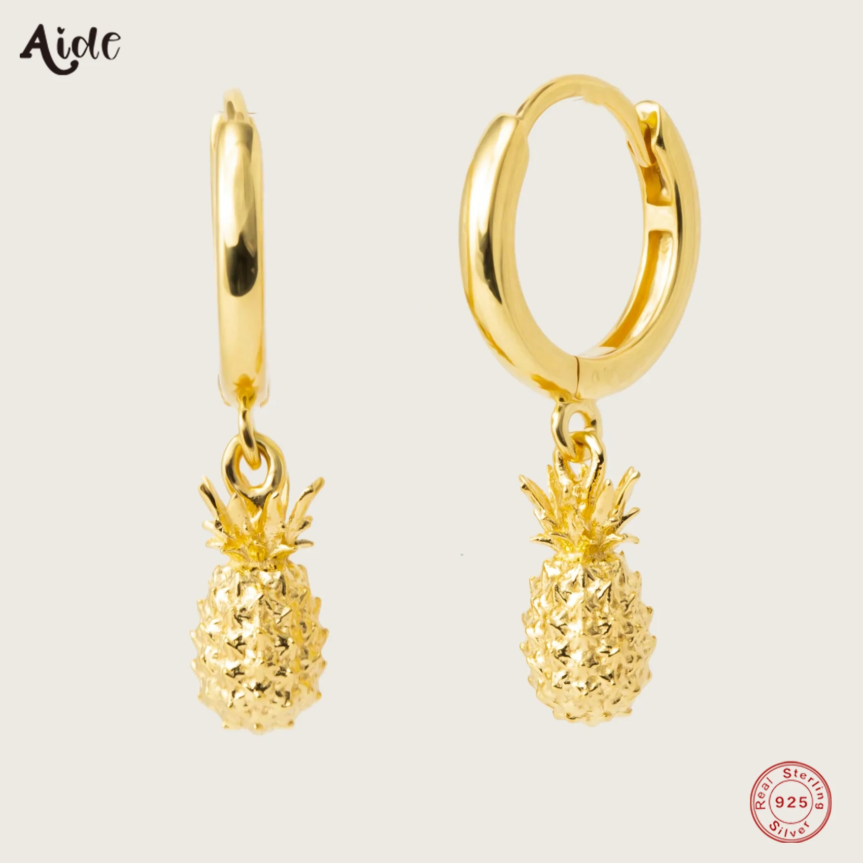 

Aide 925 Sterling Silver Gold Pineapple Pendant Drop Earrings For Women 9mm Circle Versatile Fruit Earrings Party Fine Jewelry