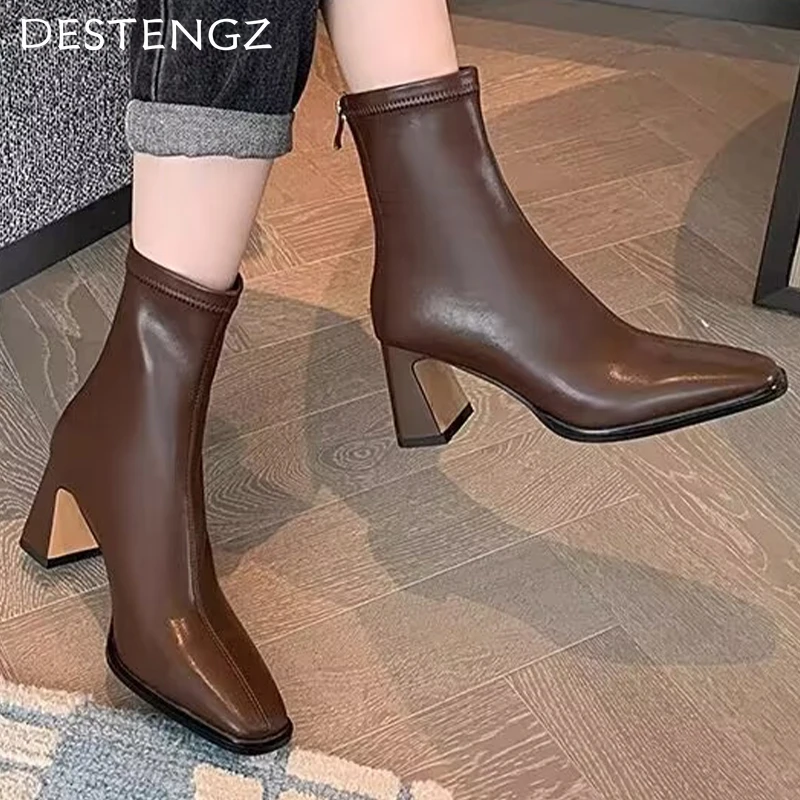 Женские ботильоны с квадратным носком массивная кожаная обувь туфли-лодочки