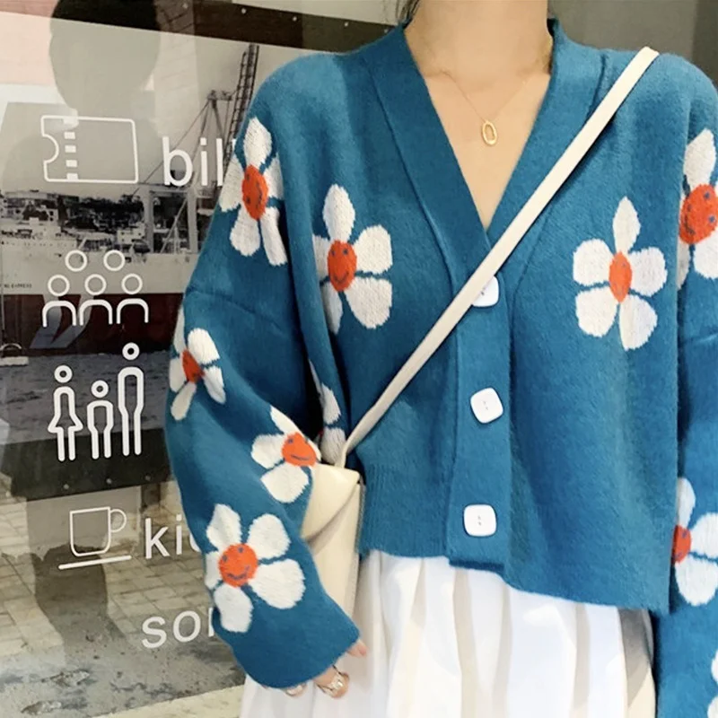 

Argyle Cardigan Sweet Flower Knit Cardigans Sweater Pull Femme Short Casual CoatWomen 2021 Spring V Neck Loose Elegaht Sweaters