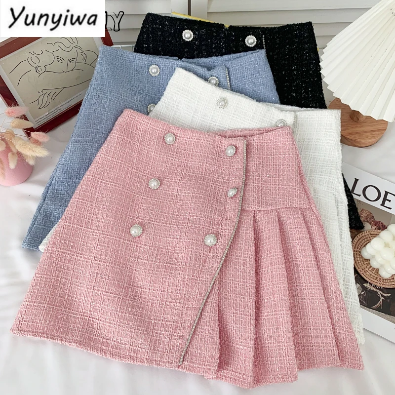 

Женская твидовая юбка с завышенной талией, двубортная шерстяная мини-юбка на пуговицах, осень-весна 2022