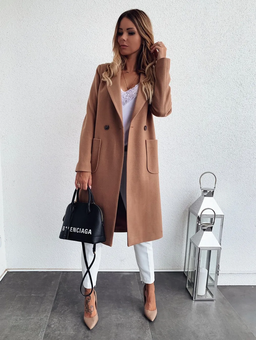 2023 Winter New Candy Color Polo Long Coat Women Solid Color Slimh Long Woolen Coat Jacket for Women