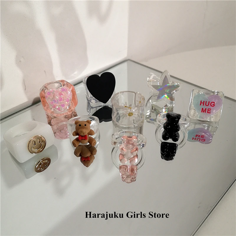 2022 Korean Gothic Harajuku Y2K Cute Heart Love Bear Resin Rings For Women Egirl Party New Grunge EMO Jewelry Gifts Accessories
