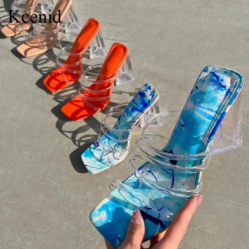

Kcenid New Summer Party Women Slippers Sandals Clear Narrow Band Strange Perspext High Heels Square Toe PVC Transparent Shoes