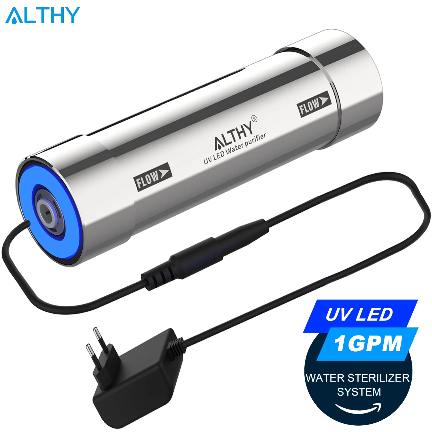 

ALTHY UV LED Ultraviolet Water Purifier System Filter + Flow Control Switch Stainless Steel Mercury-Free 1GPM