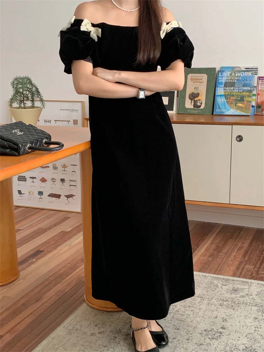 

Alien Kitty 2023 Retro Princess Maxi Dress Women New Elegant Slash Neck Autumn Office Lady Bow Elegant Velvet Daily Party